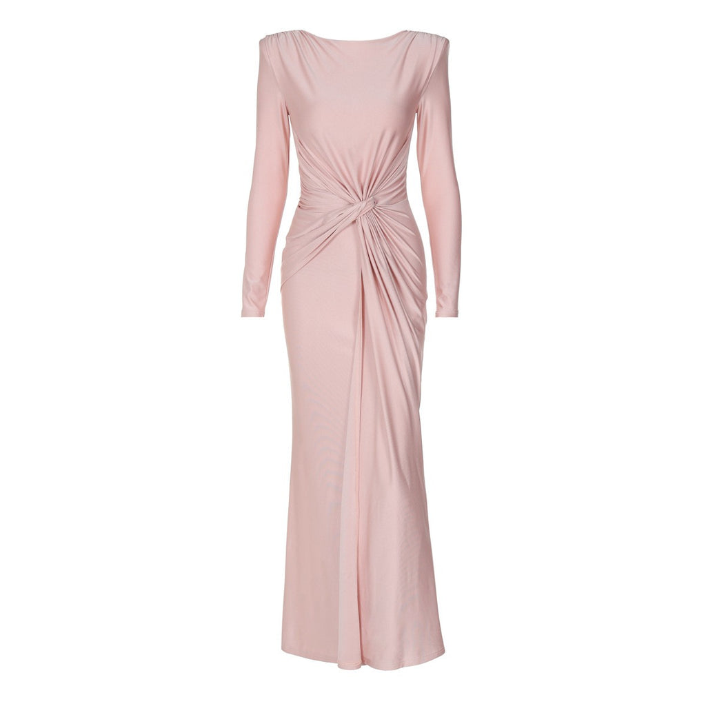 Ruched Satin Twist Front Long Sleeve Maxi Gown