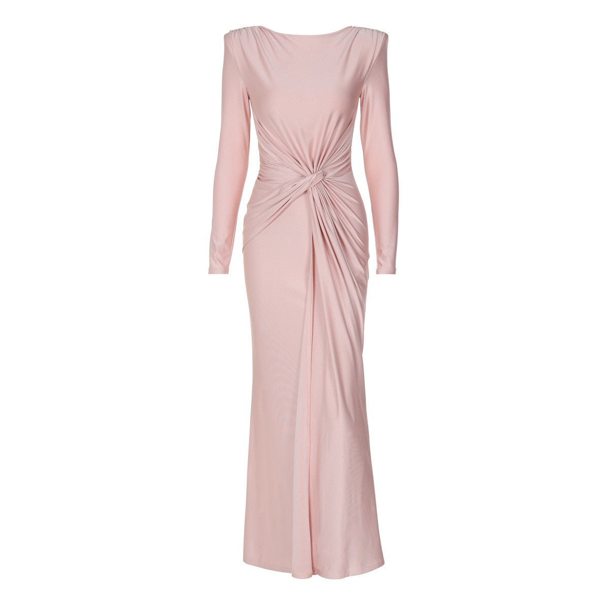 Ruched Satin Twist Front Long Sleeve Maxi Gown