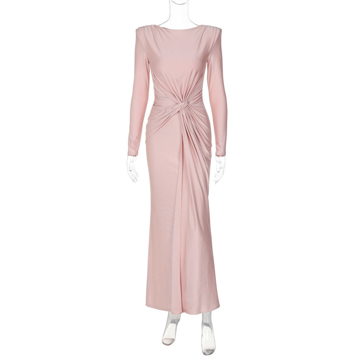 Ruched Satin Twist Front Long Sleeve Maxi Gown