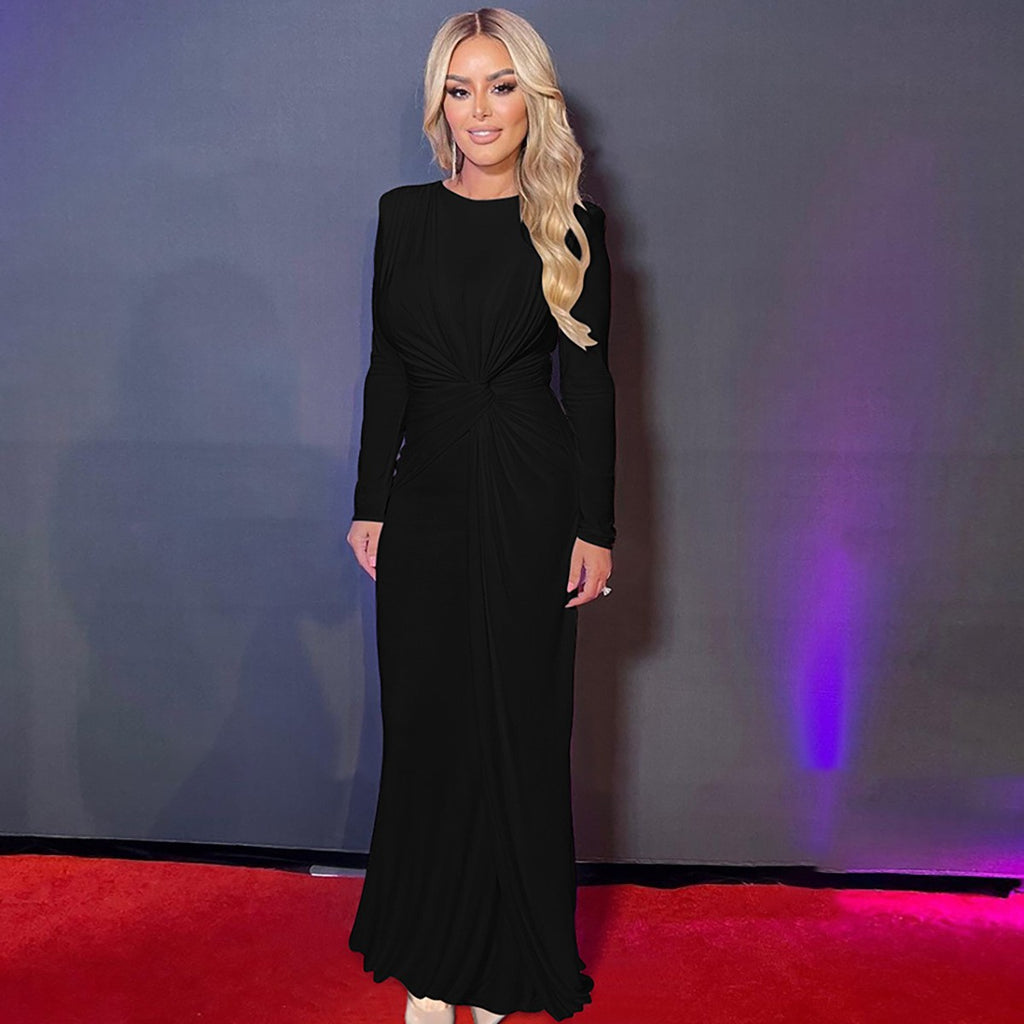Ruched Satin Twist Front Long Sleeve Maxi Gown