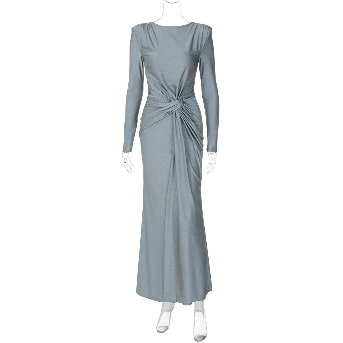 Ruched Satin Twist Front Long Sleeve Maxi Gown