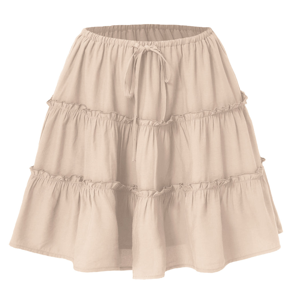 Tiered Ruffle Drawstring Mini Skirt - Beige