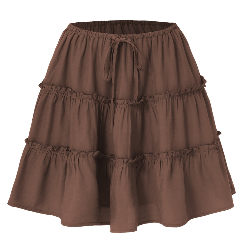 Tiered Ruffle Drawstring Mini Skirt - Brown