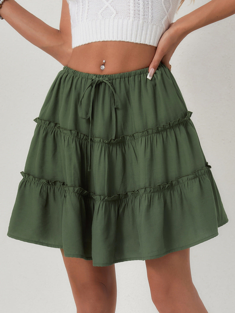Tiered Ruffle Drawstring Mini Skirt - Green