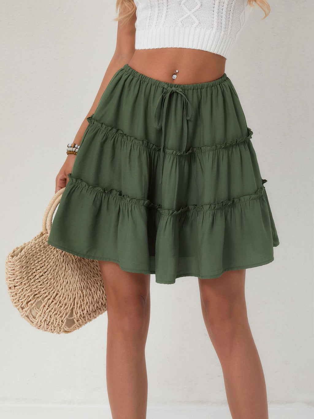 Tiered Ruffle Drawstring Mini Skirt - Green - 2