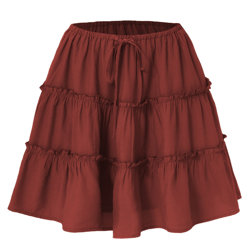 Tiered Ruffle Drawstring Mini Skirt - Wine