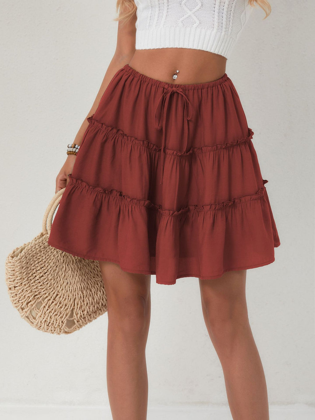 Tiered Ruffle Drawstring Mini Skirt - Wine - 1