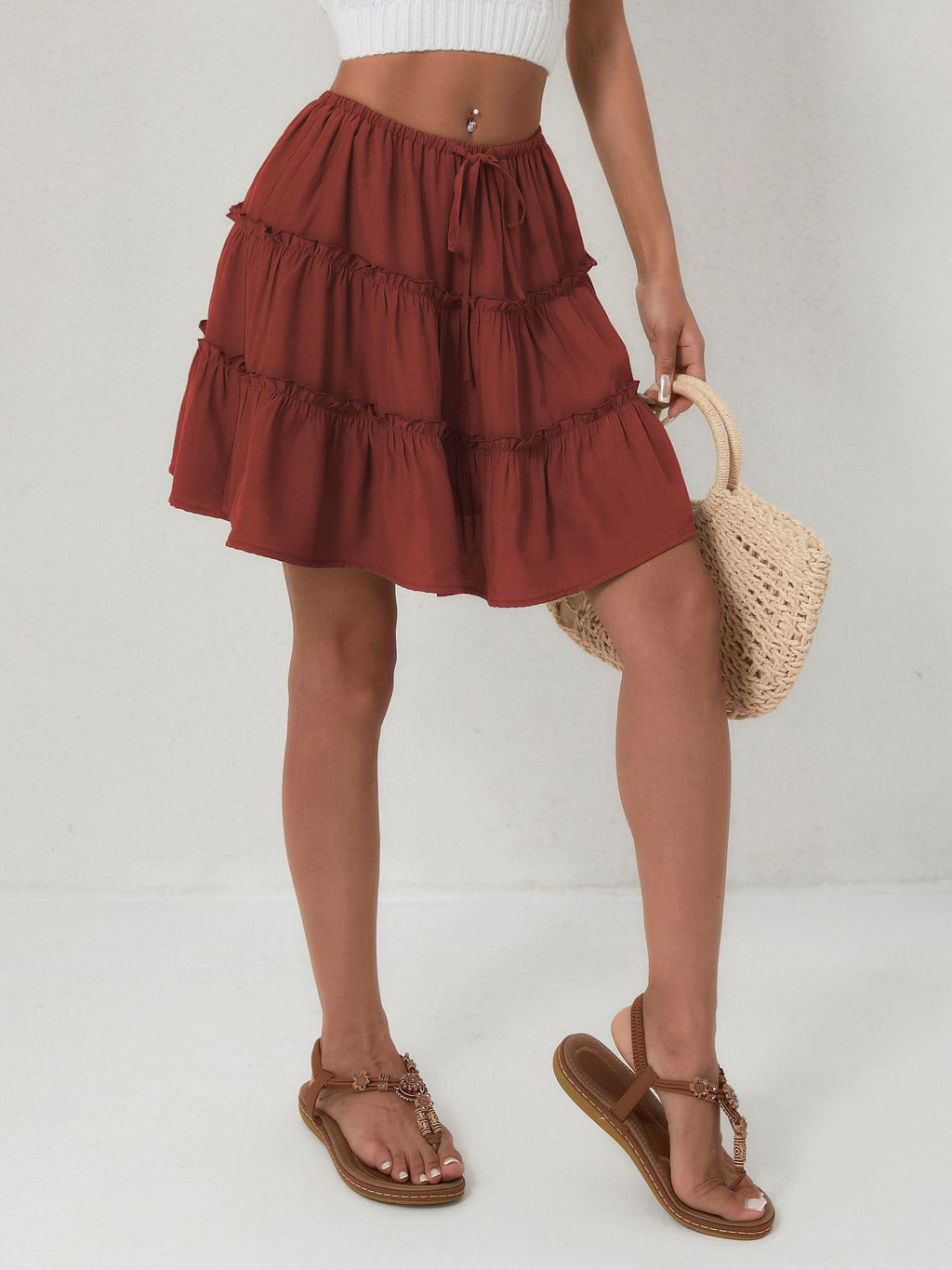 Tiered Ruffle Drawstring Mini Skirt - Wine - 2