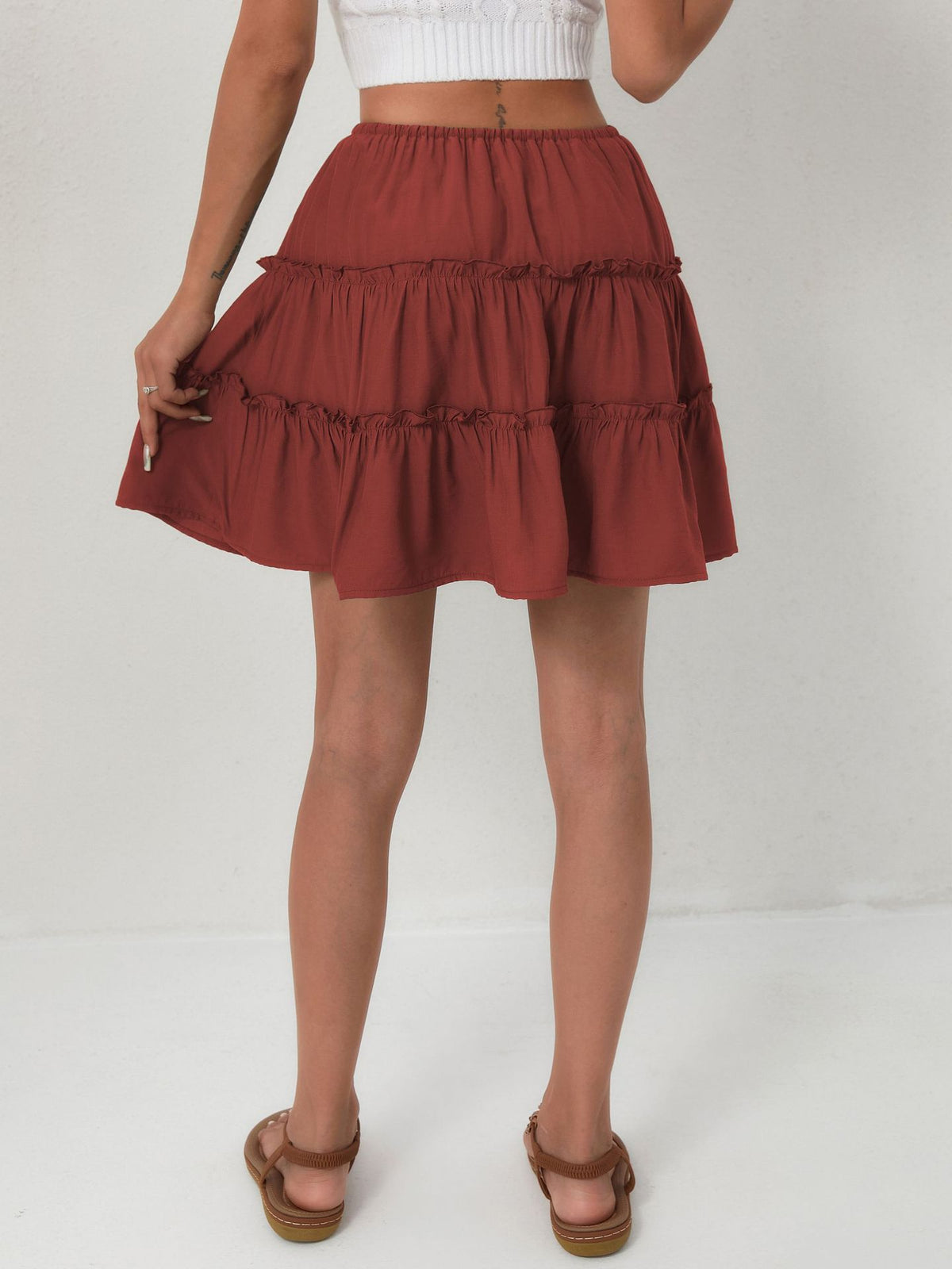 Tiered Ruffle Drawstring Mini Skirt - Wine - 3