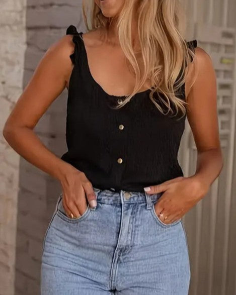Ruffle Strap Button Front Knit Tank - Black