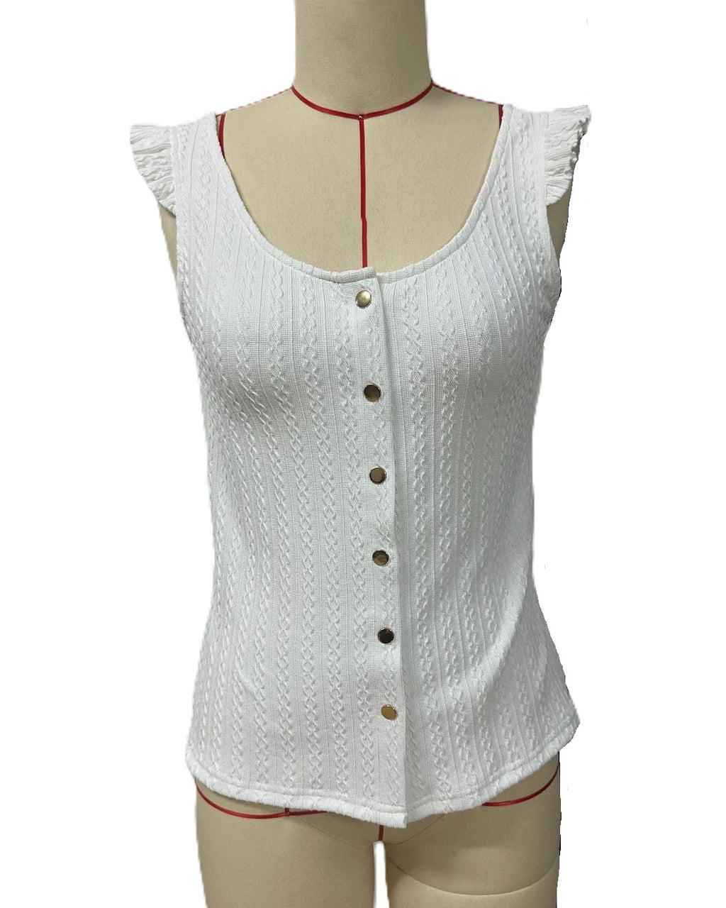 Ruffle Strap Button Front Knit Tank - White