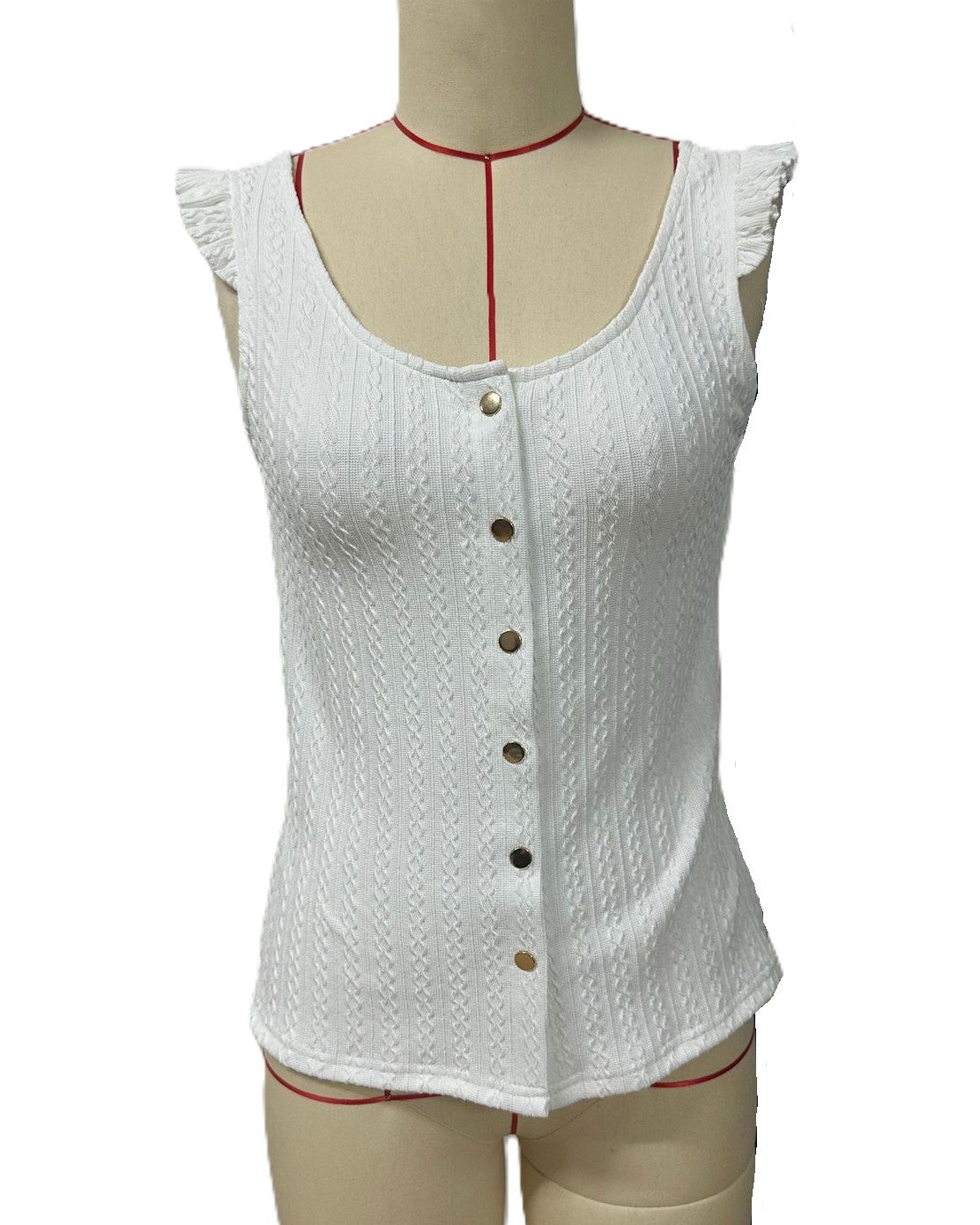 Ruffle Strap Button Front Knit Tank - White