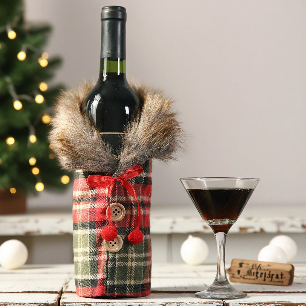 Christmas Wine Bottle Sweater with Faux Fur Collar - C1
