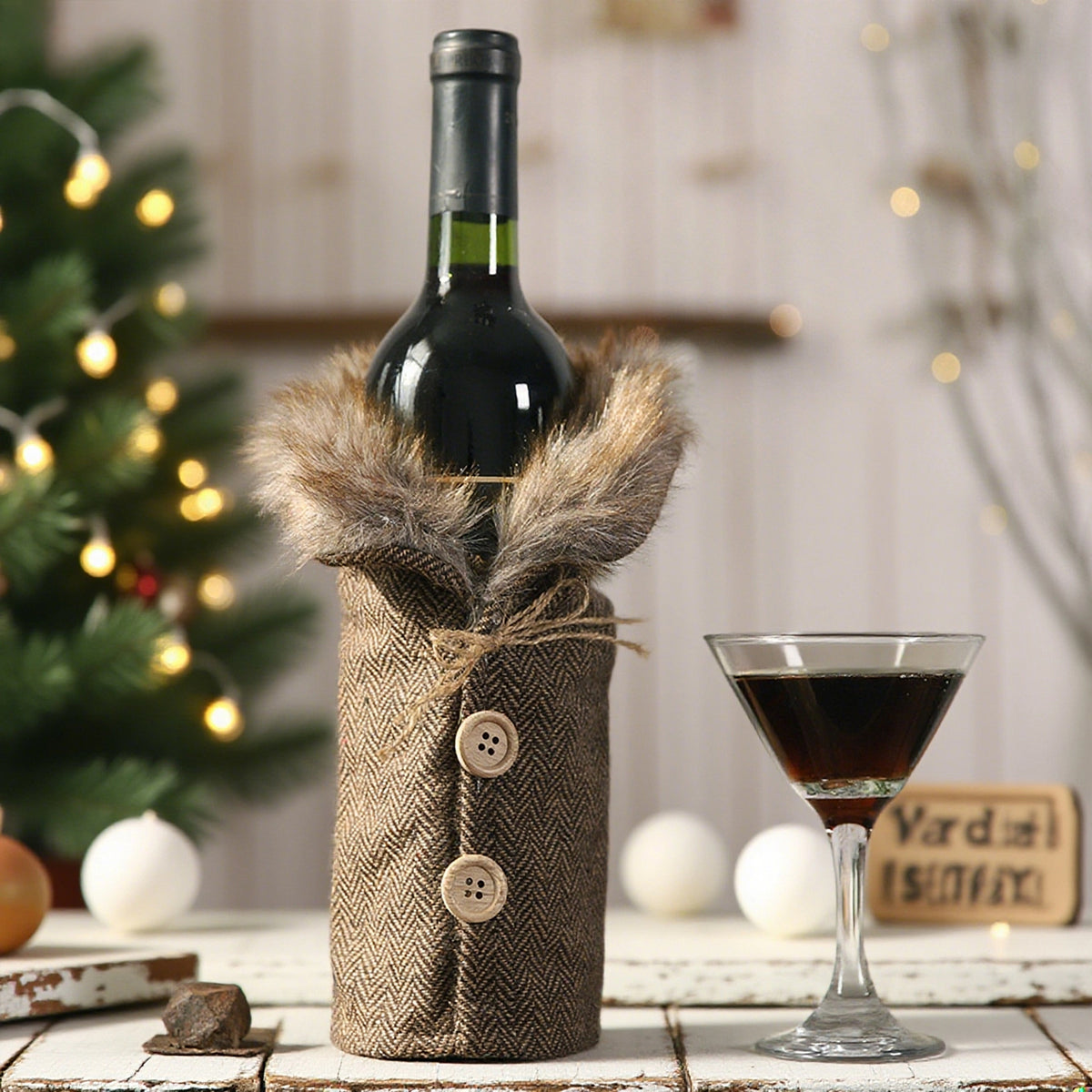 Christmas Wine Bottle Sweater with Faux Fur Collar - C2