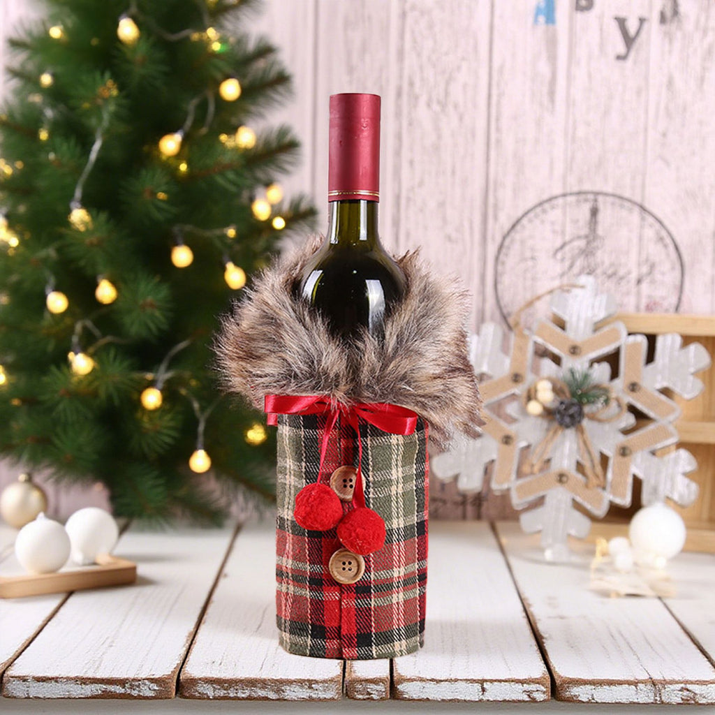 Christmas Wine Bottle Sweater with Faux Fur Collar - C3