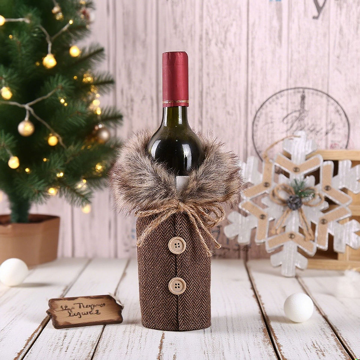 Christmas Wine Bottle Sweater with Faux Fur Collar - C4