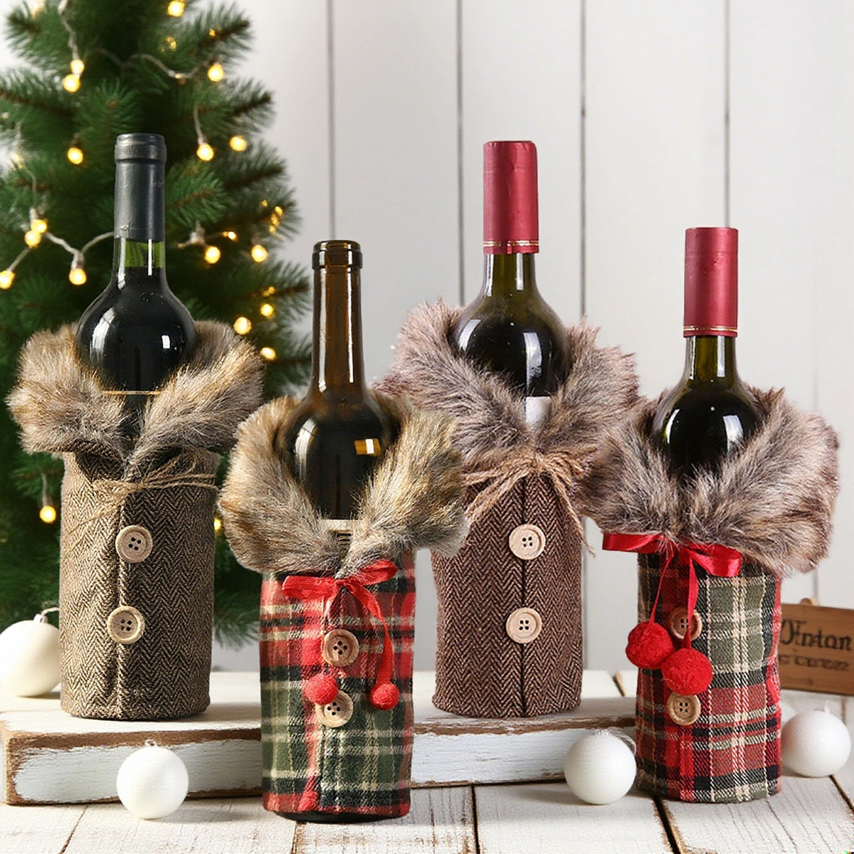 Christmas Wine Bottle Sweater with Faux Fur Collar