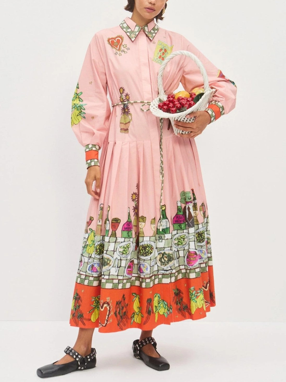 Novelty Scenic Print Belted Midi Shirt Dress - Pink