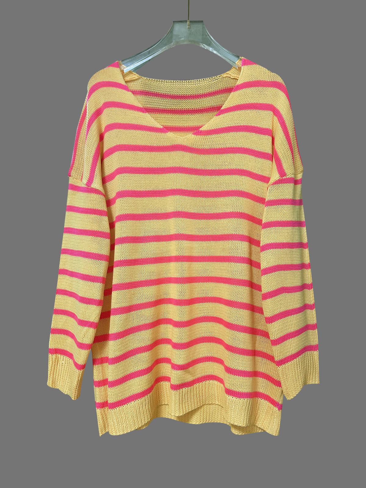 Candy Stripe Oversized V-Neck Sweater - Yellow - 1