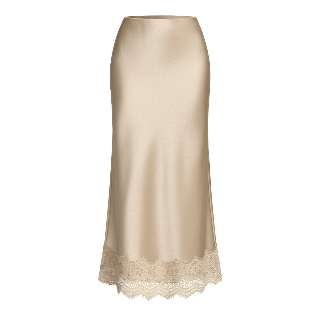 Scalloped Lace Hem Satin Slip Skirt - Beige
