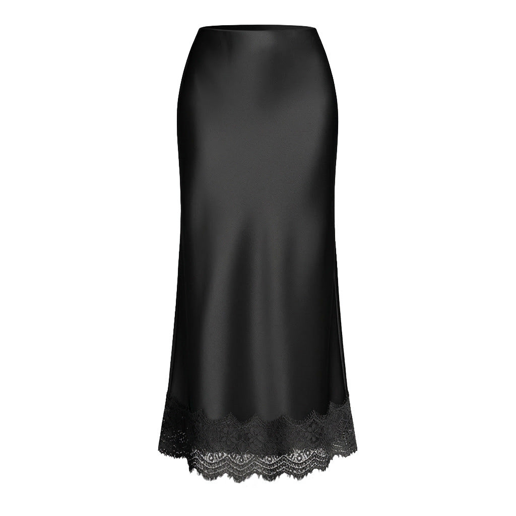 Scalloped Lace Hem Satin Slip Skirt - Black