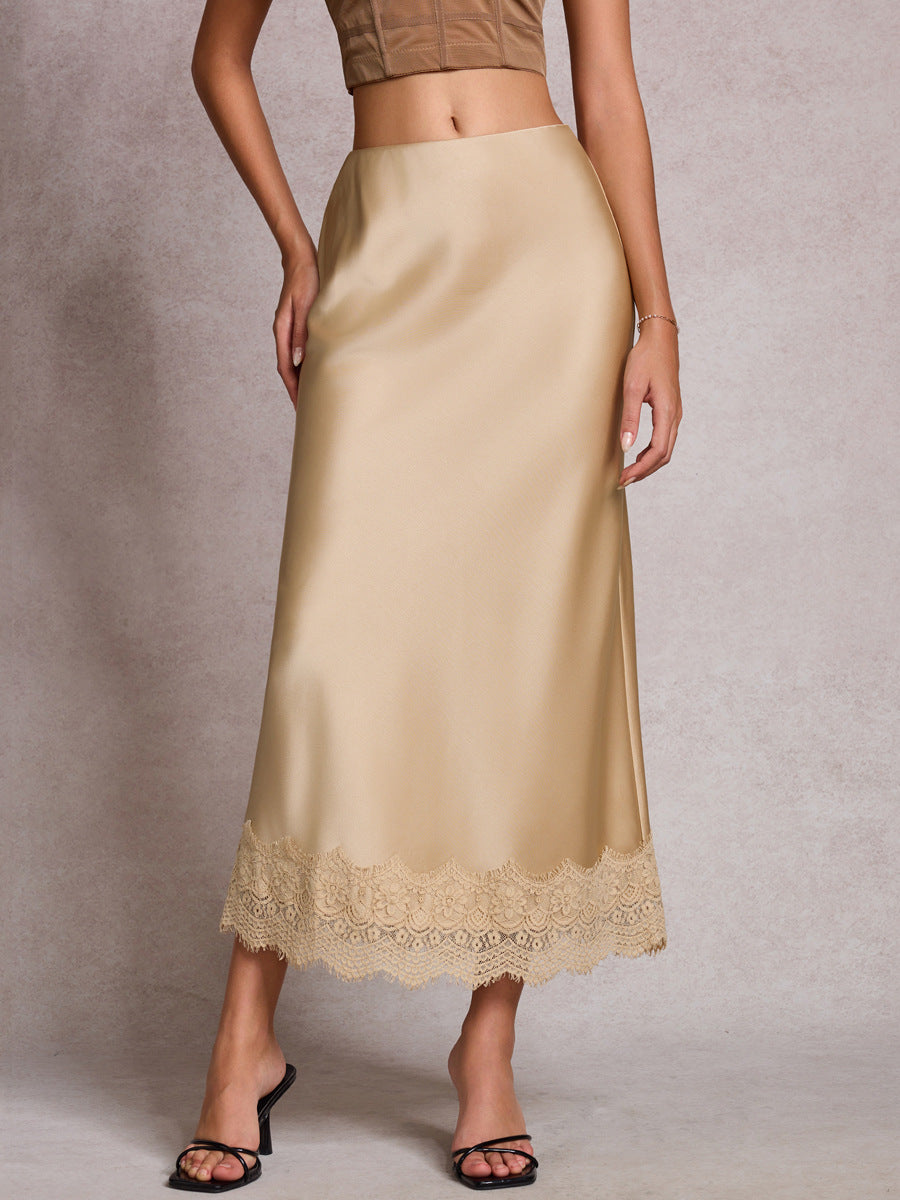 Scalloped Lace Hem Satin Slip Skirt - Champagne