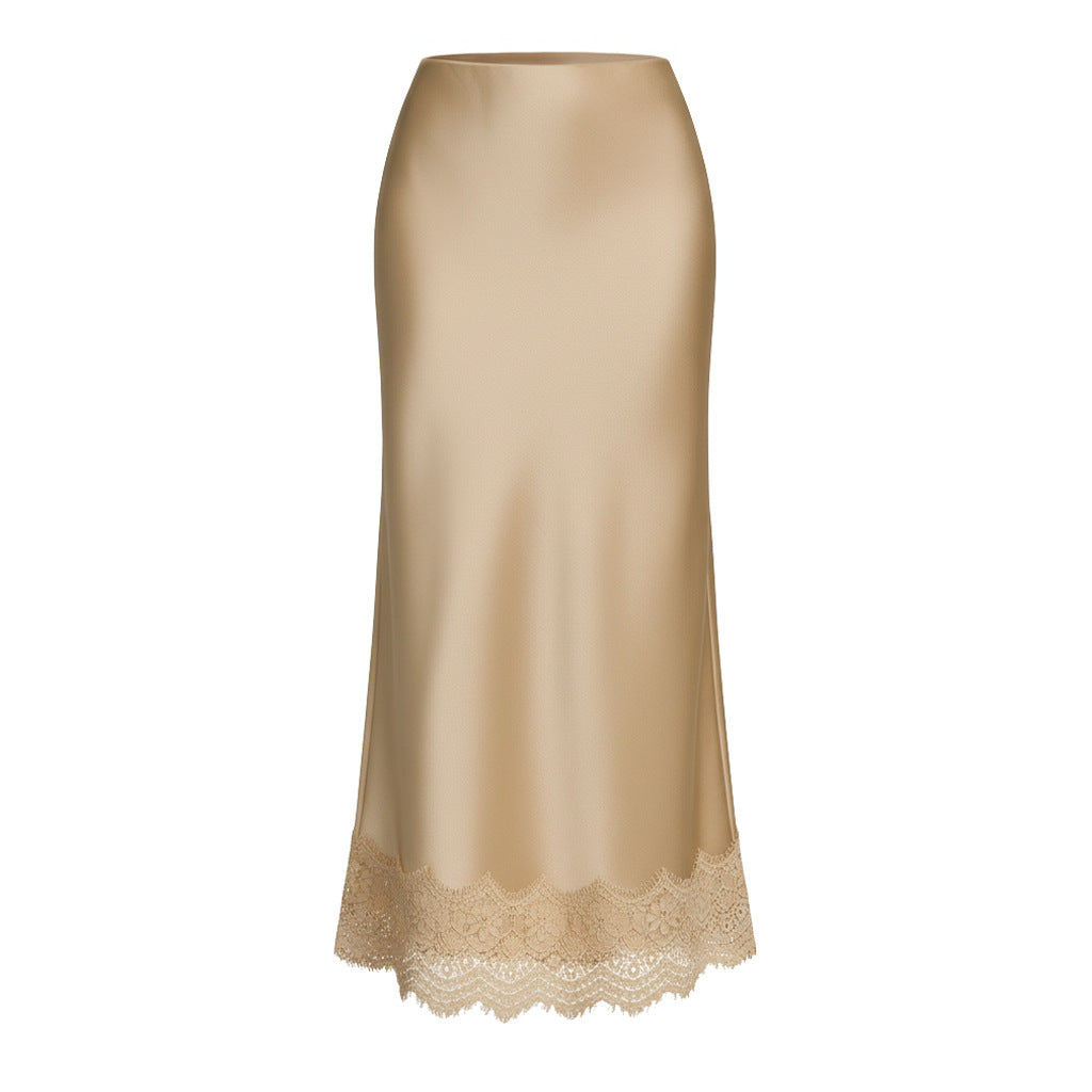 Scalloped Lace Hem Satin Slip Skirt - Champagne - 1