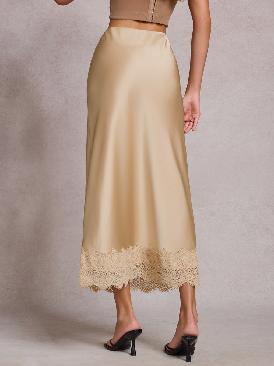 Scalloped Lace Hem Satin Slip Skirt - Champagne - 6