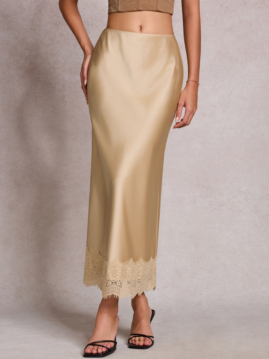 Scalloped Lace Hem Satin Slip Skirt - Champagne - 7