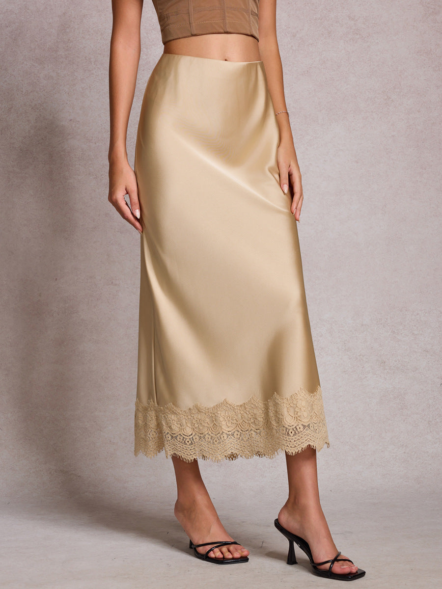 Scalloped Lace Hem Satin Slip Skirt - Champagne - 8