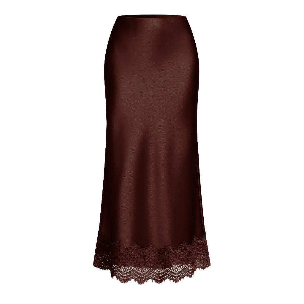 Scalloped Lace Hem Satin Slip Skirt - Chocolate