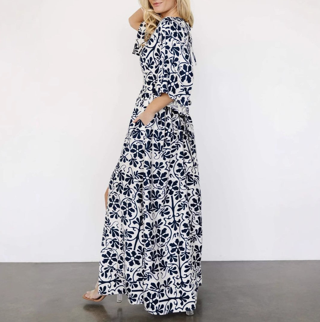 Bohemian Floral Kimono Sleeve Maxi Dress - Navyblue - 1