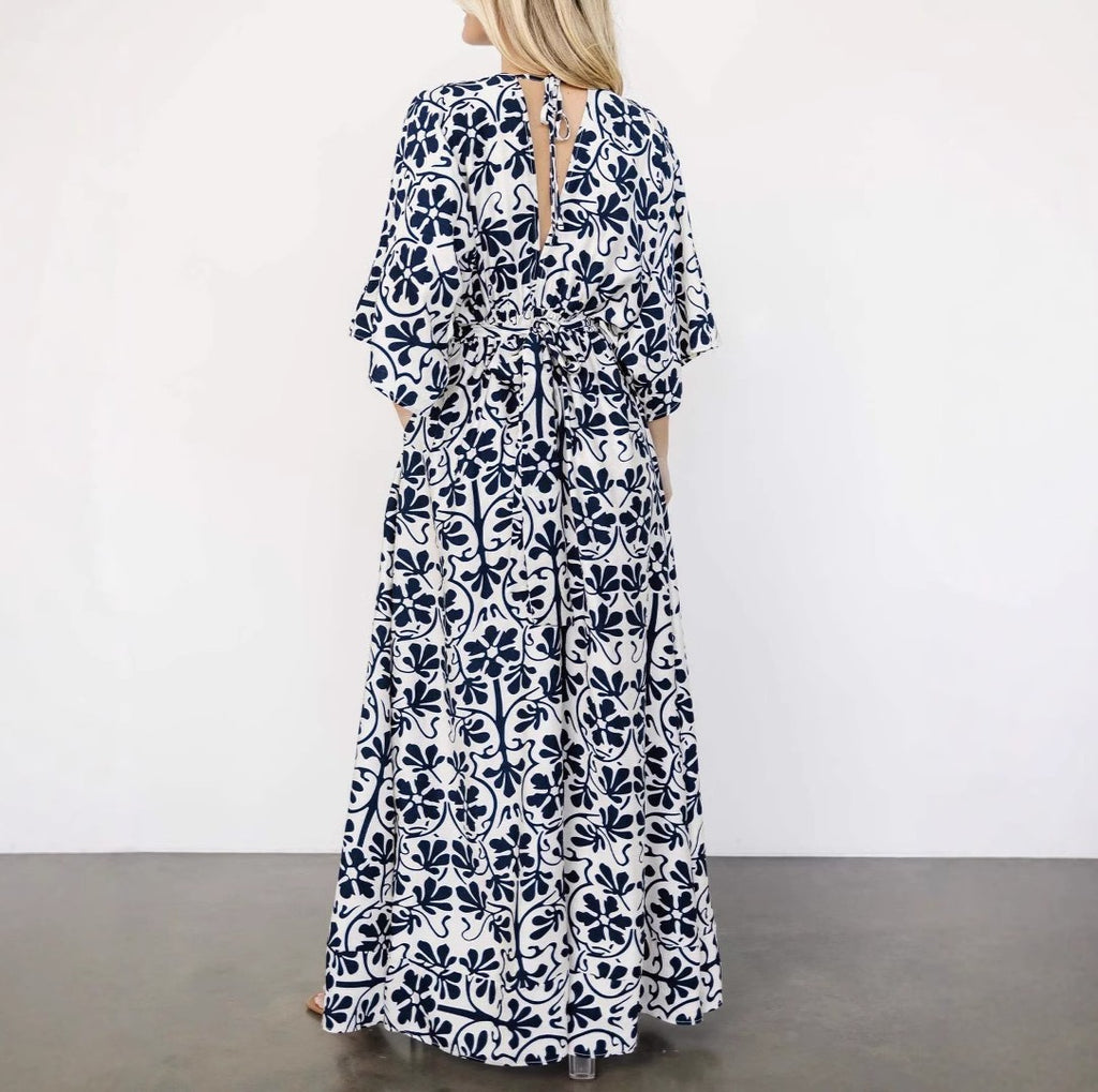Bohemian Floral Kimono Sleeve Maxi Dress - Navyblue - 2