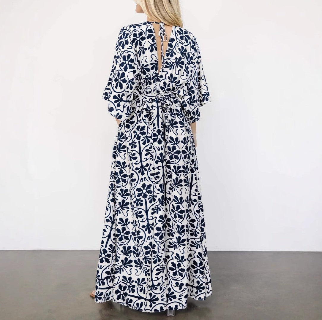 Bohemian Floral Kimono Sleeve Maxi Dress - Navyblue - 2