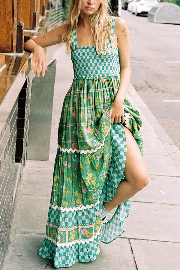 Checkered Floral Ric Rac Tiered Maxi Dress - Green