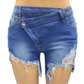 Crossover Waist Frayed Denim Shorts - Blue