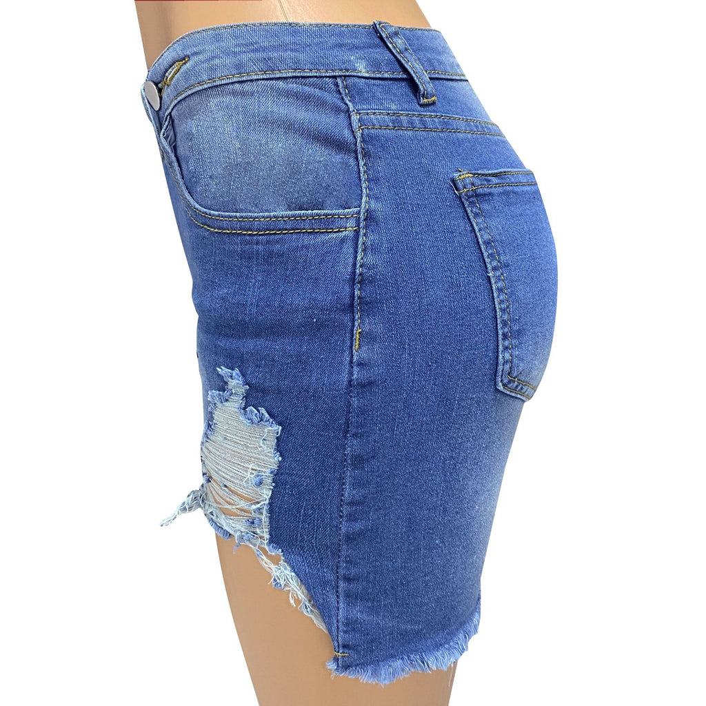 Crossover Waist Frayed Denim Shorts - Blue - 1