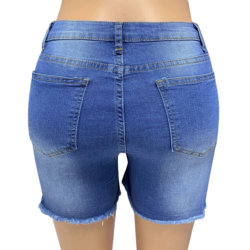 Crossover Waist Frayed Denim Shorts - Blue - 2