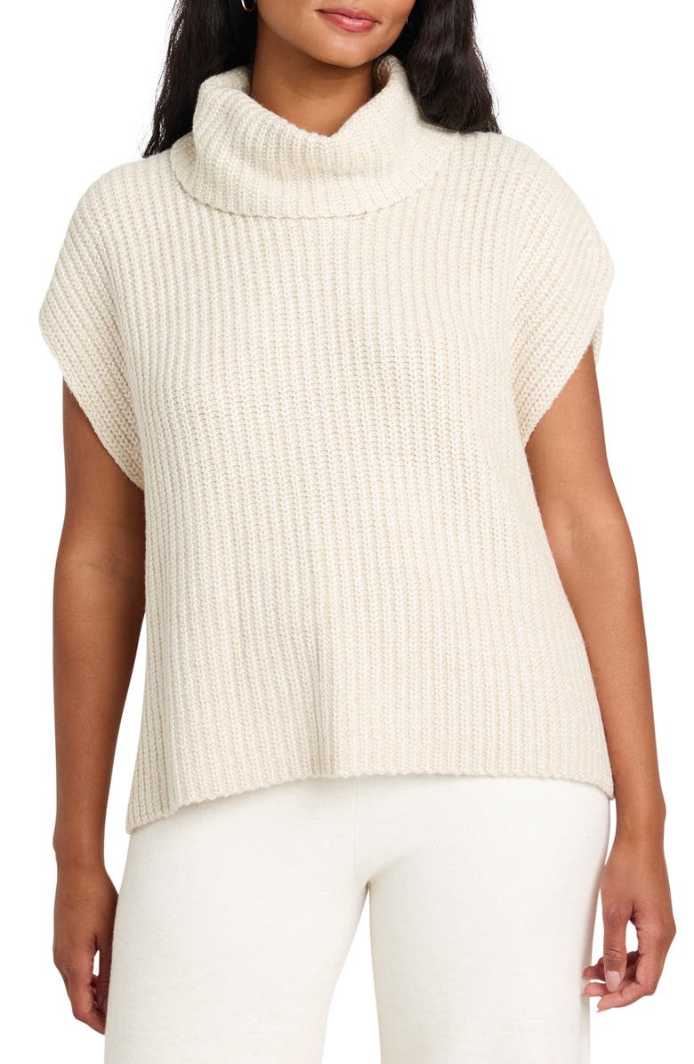 Ribbed Turtleneck Cap Sleeve Sweater Vest - Beige