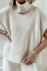 Ribbed Turtleneck Cap Sleeve Sweater Vest - Beige - 1
