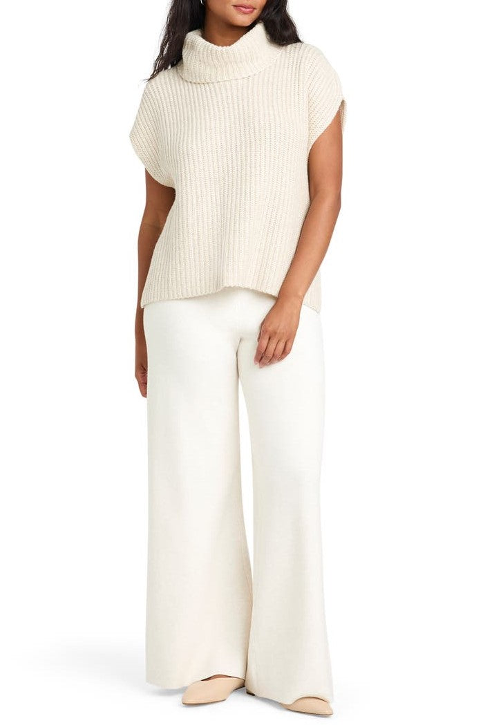 Ribbed Turtleneck Cap Sleeve Sweater Vest - Beige - 2