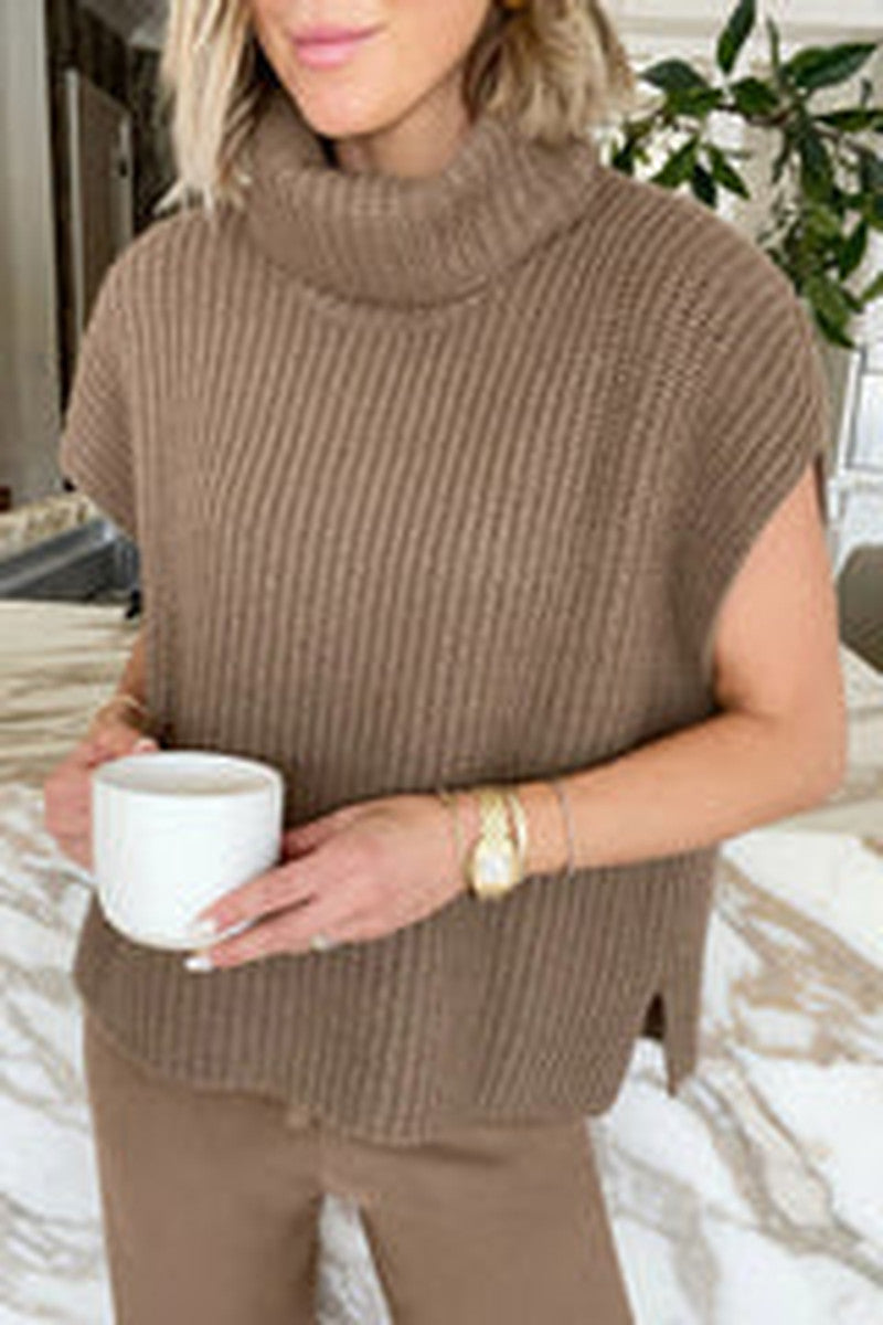 Ribbed Turtleneck Cap Sleeve Sweater Vest - Brown