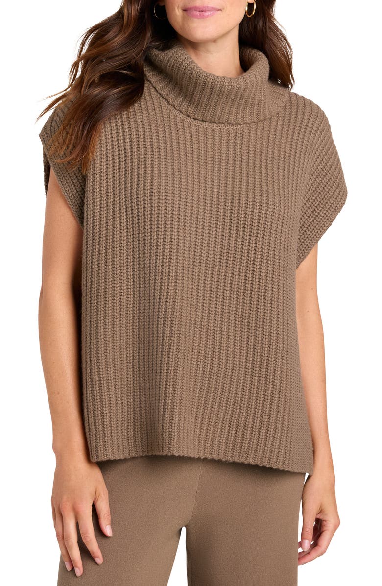 Ribbed Turtleneck Cap Sleeve Sweater Vest - Brown - 1