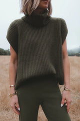 Ribbed Turtleneck Cap Sleeve Sweater Vest - Olive - 1