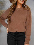 Fuzzy Eyelash Knit Crew Neck Sweater - Brown