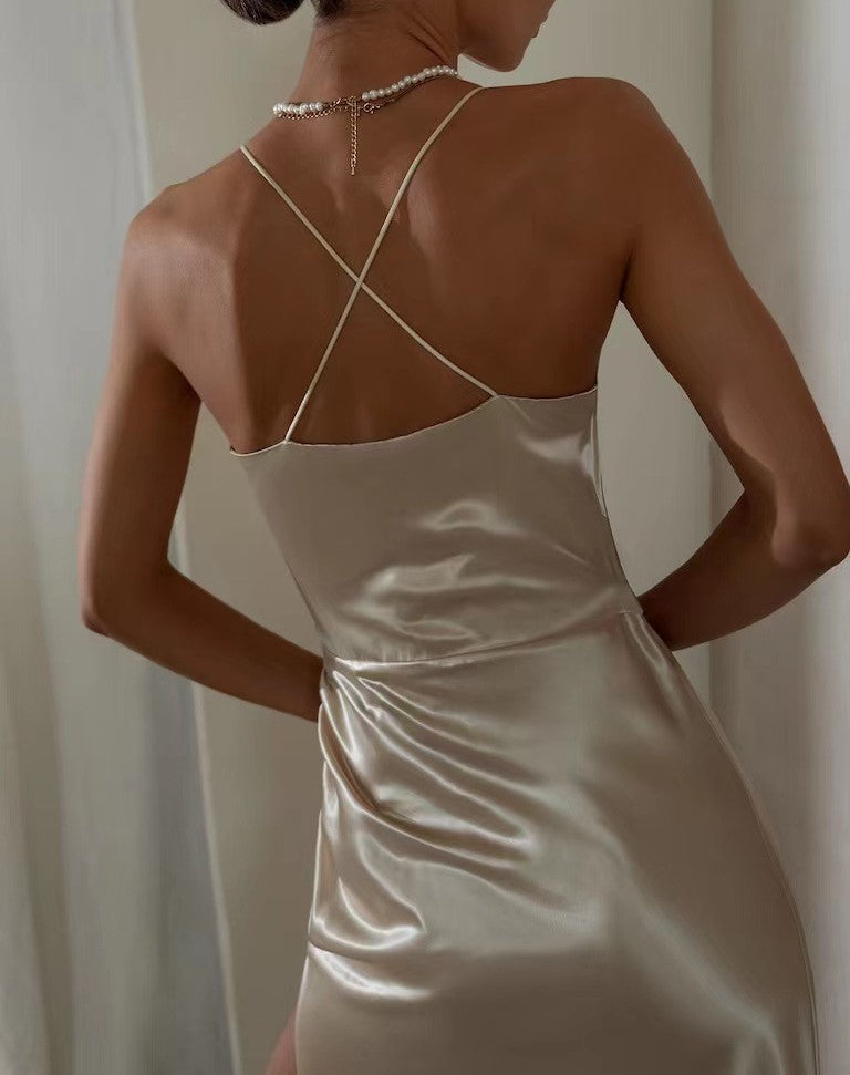 Ruched Satin Wrap Midi Dress With Slit - Apricot - 1