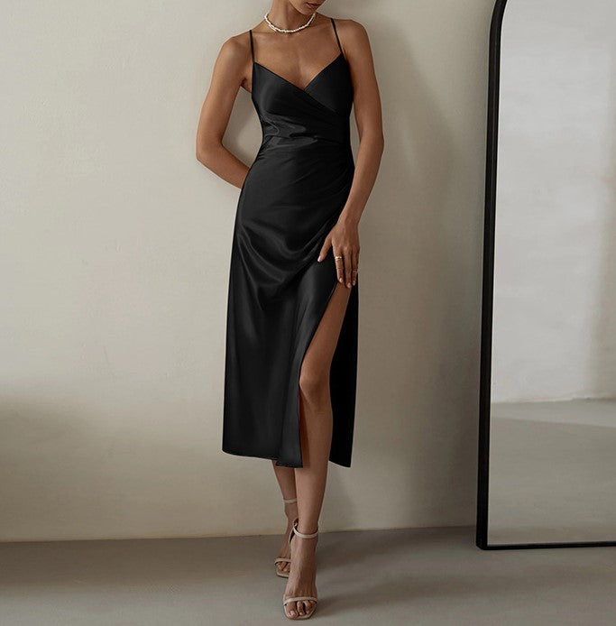 Ruched Satin Wrap Midi Dress With Slit - Black
