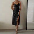 Ruched Satin Wrap Midi Dress With Slit - Black