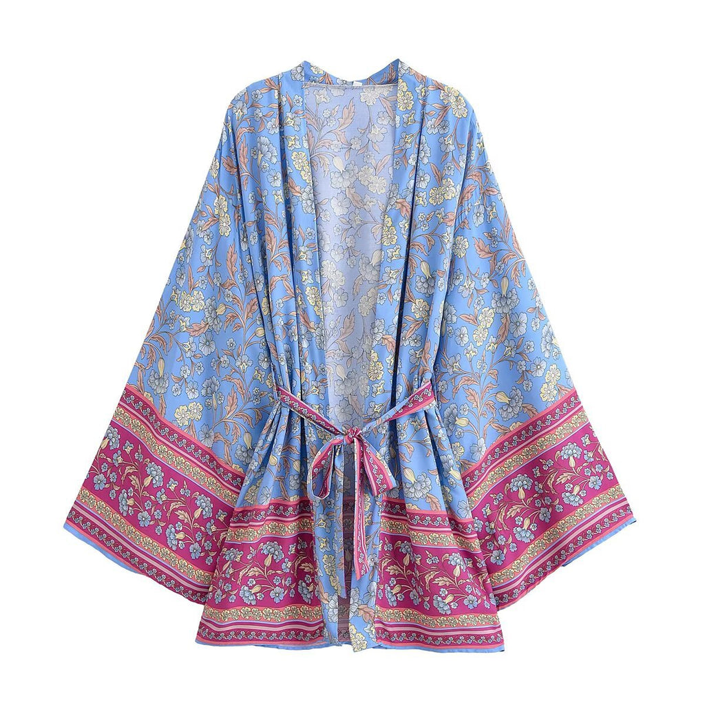 Border Print Bell Sleeve Belted Kimono - Blue