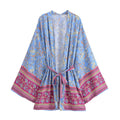 Border Print Bell Sleeve Belted Kimono - Blue